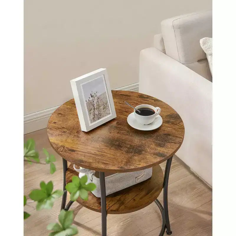 Round End Table with 2 Shelves, Nightstand with Steel Frame for Small Spaces