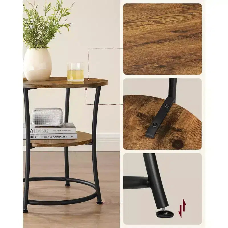 Round End Table with 2 Shelves, Nightstand with Steel Frame for Small Spaces