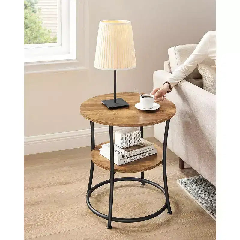Round End Table with 2 Shelves, Nightstand with Steel Frame for Small Spaces