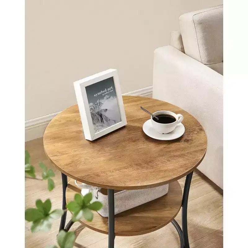 Round End Table with 2 Shelves, Nightstand with Steel Frame for Small Spaces