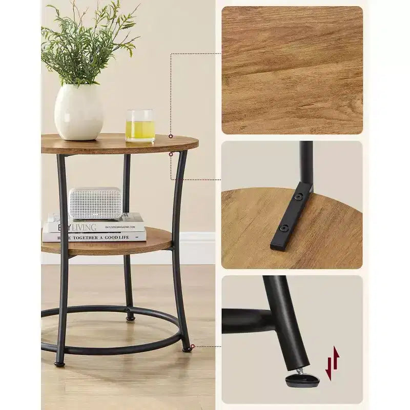 Round End Table with 2 Shelves, Nightstand with Steel Frame for Small Spaces