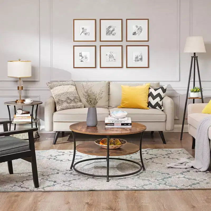 Round End Table with 2 Shelves, Nightstand with Steel Frame for Small Spaces