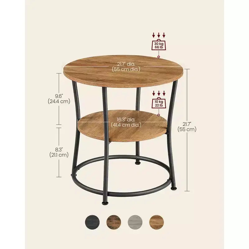 Round End Table with 2 Shelves, Nightstand with Steel Frame for Small Spaces