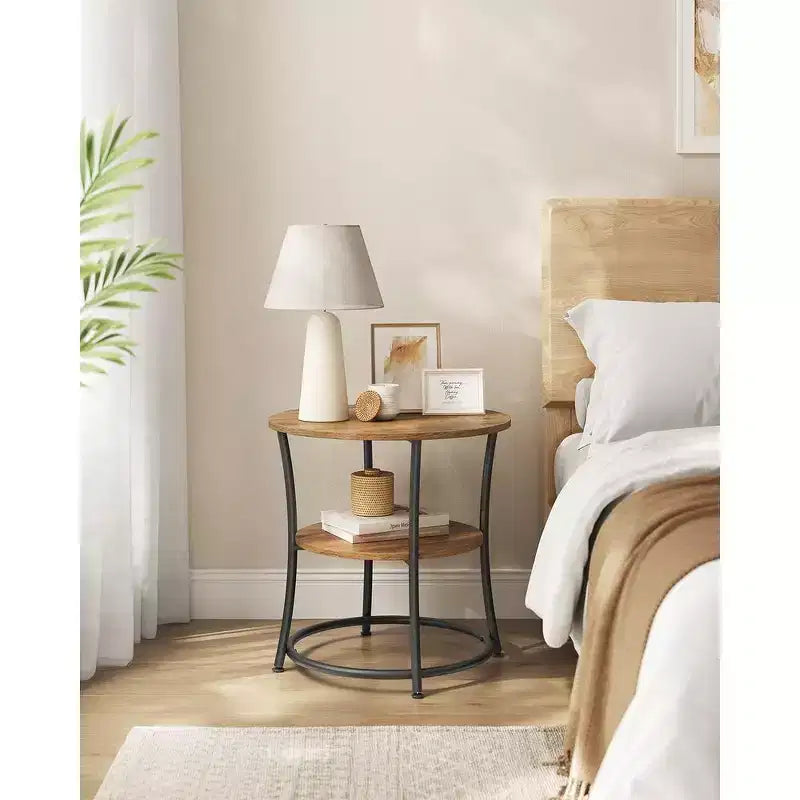 Round End Table with 2 Shelves, Nightstand with Steel Frame for Small Spaces
