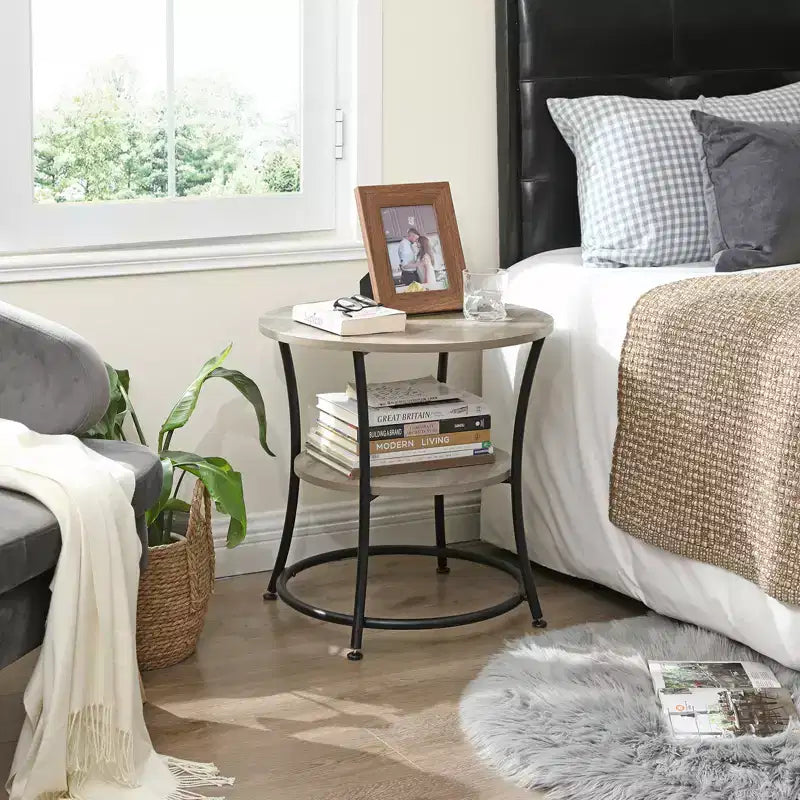 Round End Table with 2 Shelves, Nightstand with Steel Frame for Small Spaces