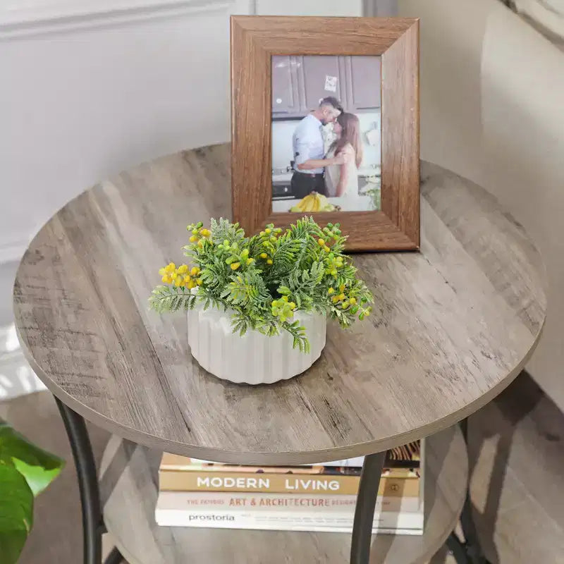 Round End Table with 2 Shelves, Nightstand with Steel Frame for Small Spaces