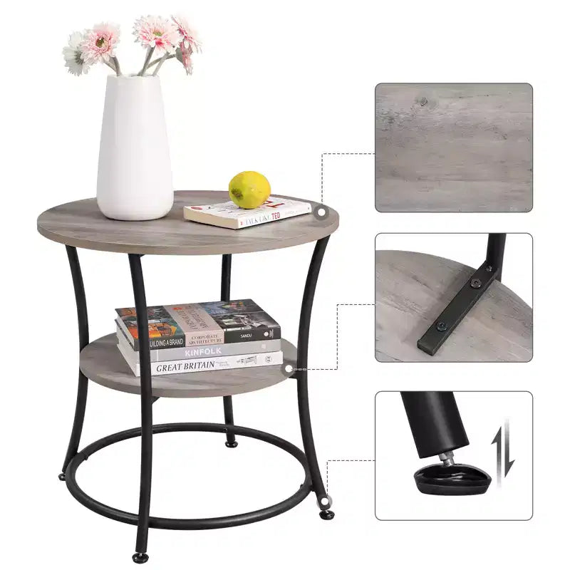 Round End Table with 2 Shelves, Nightstand with Steel Frame for Small Spaces