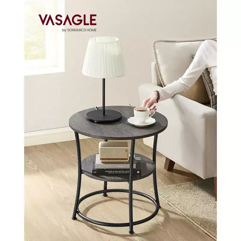 Round End Table with 2 Shelves, Nightstand with Steel Frame for Small Spaces