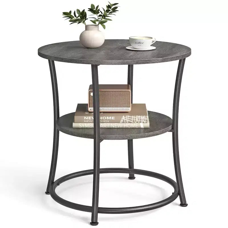 Round End Table with 2 Shelves, Nightstand with Steel Frame for Small Spaces
