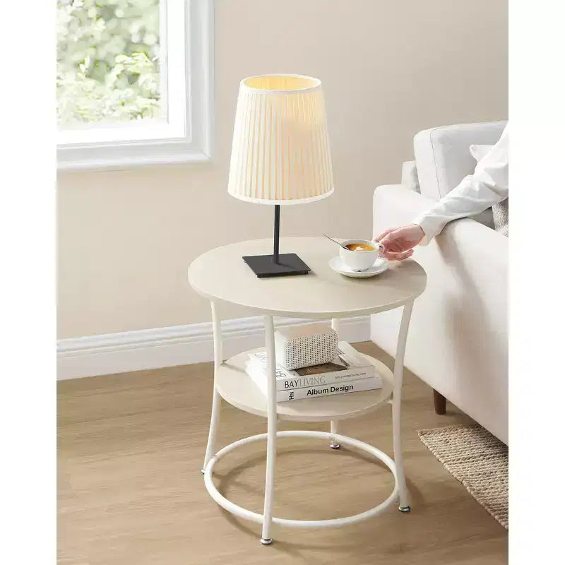 Round End Table with 2 Shelves, Nightstand with Steel Frame for Small Spaces