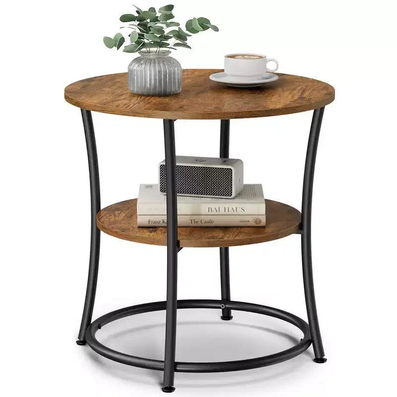 Round End Table with 2 Shelves, Nightstand with Steel Frame for Small Spaces