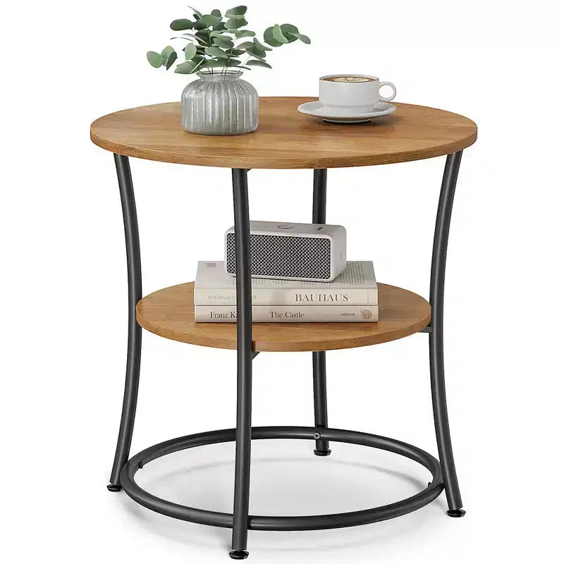 Round End Table with 2 Shelves, Nightstand with Steel Frame for Small Spaces