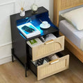 Rattan Nightstand with LED Lights and Charging Station, Black Bedside Table with 2 Storage Drawers for Bedroom, Living Room, Dorm