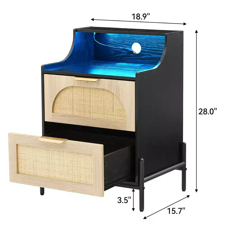 Rattan Nightstand with LED Lights and Charging Station, Black Bedside Table with 2 Storage Drawers