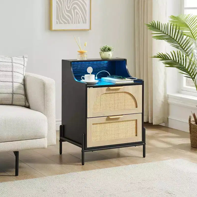 Rattan Nightstand with LED Lights and Charging Station, Black Bedside Table with 2 Storage Drawers