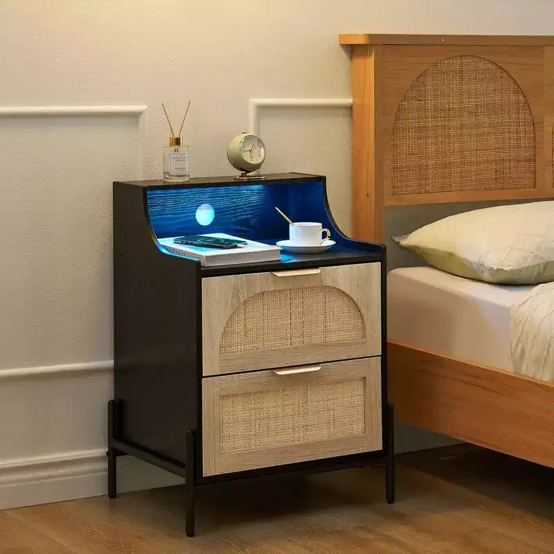 Rattan Nightstand with LED Lights and Charging Station, Black Bedside Table with 2 Storage Drawers