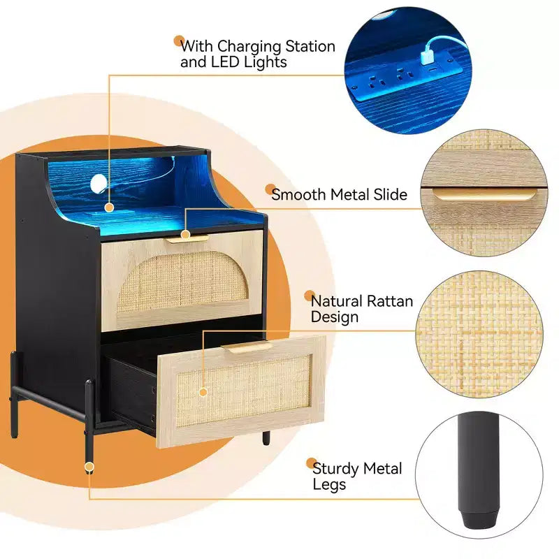 Rattan Nightstand with LED Lights and Charging Station, Black Bedside Table with 2 Storage Drawers