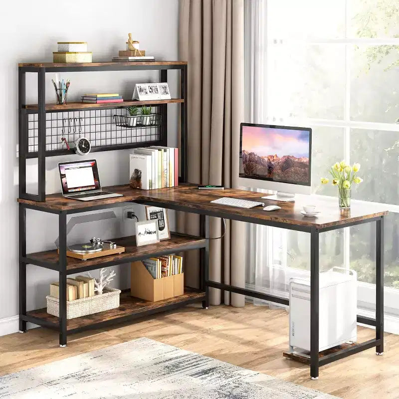 55.11" Large L-Shaped Computer Desk with Wireless Charging and 5 Storage Shelves