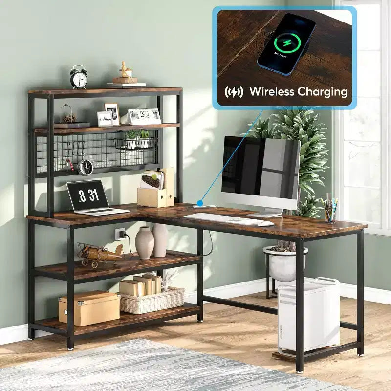 55.11" Large L-Shaped Computer Desk with Wireless Charging and 5 Storage Shelves