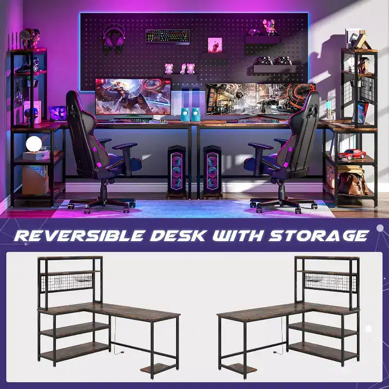 55.11" Large L-Shaped Computer Desk with Wireless Charging and 5 Storage Shelves
