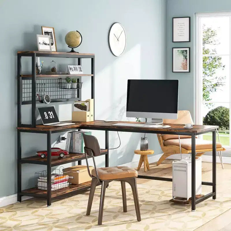 55.11" Large L-Shaped Computer Desk with Wireless Charging and 5 Storage Shelves