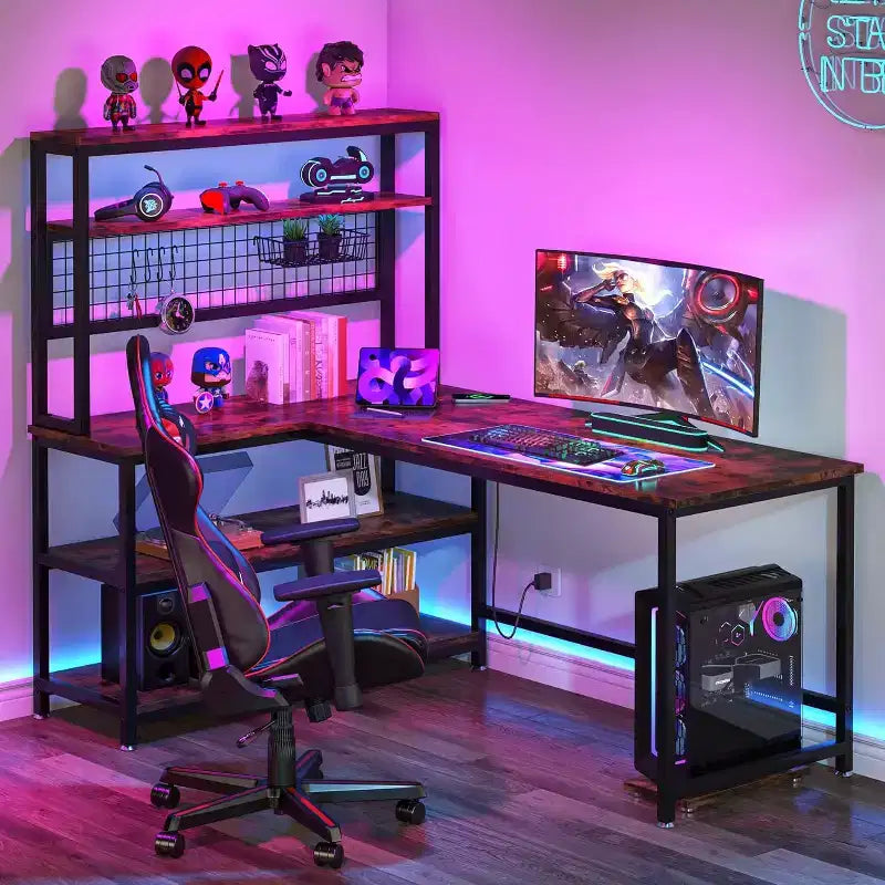 55.11" Large L-Shaped Computer Desk with Wireless Charging and 5 Storage Shelves