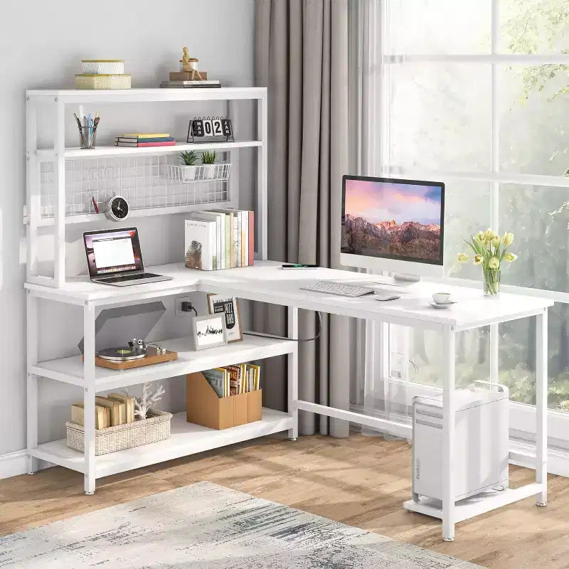 55.11" Large L-Shaped Computer Desk with Wireless Charging and 5 Storage Shelves