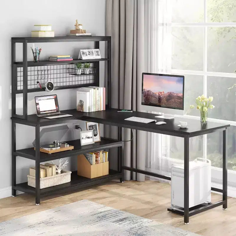 55.11" Large L-Shaped Computer Desk with Wireless Charging and 5 Storage Shelves