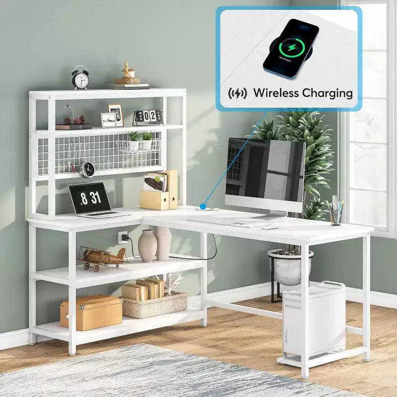 55.11" Large L-Shaped Computer Desk with Wireless Charging and 5 Storage Shelves