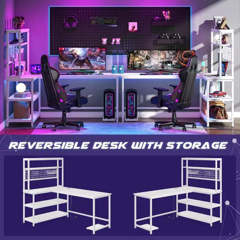 55.11" Large L-Shaped Computer Desk with Wireless Charging and 5 Storage Shelves