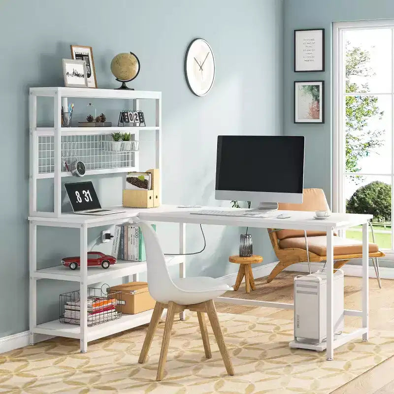 55.11" Large L-Shaped Computer Desk with Wireless Charging and 5 Storage Shelves