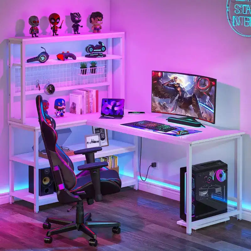 55.11" Large L-Shaped Computer Desk with Wireless Charging and 5 Storage Shelves