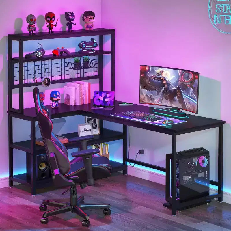 55.11" Large L-Shaped Computer Desk with Wireless Charging and 5 Storage Shelves