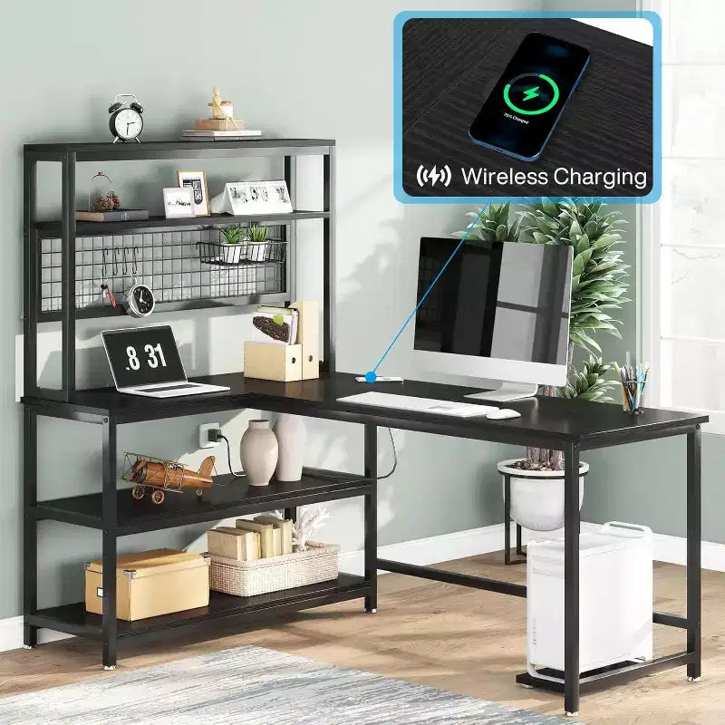 55.11" Large L-Shaped Computer Desk with Wireless Charging and 5 Storage Shelves