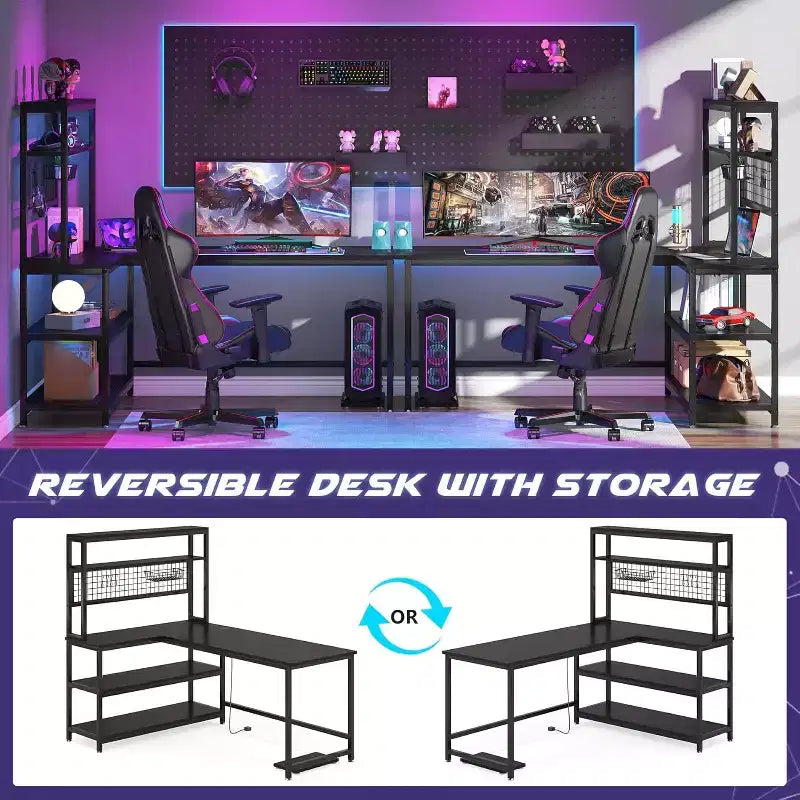 55.11" Large L-Shaped Computer Desk with Wireless Charging and 5 Storage Shelves