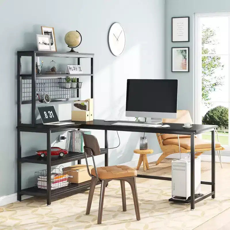 55.11" Large L-Shaped Computer Desk with Wireless Charging and 5 Storage Shelves
