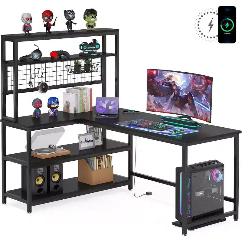 55.11" Large L-Shaped Computer Desk with Wireless Charging and 5 Storage Shelves