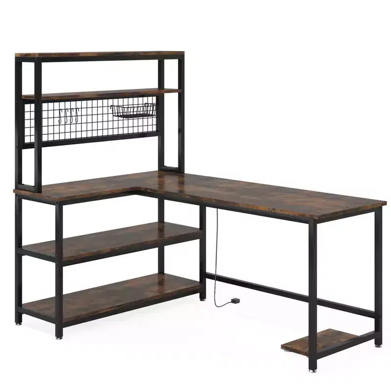 55.11" Large L-Shaped Computer Desk with Wireless Charging and 5 Storage Shelves