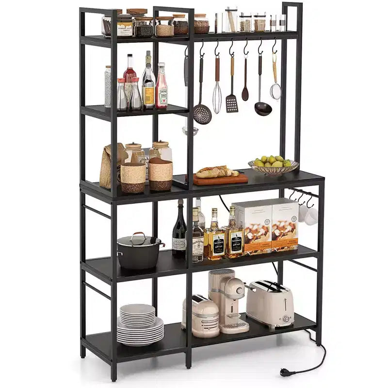 Costway Bakers Rack 5-Tier Coffee Bar Table with 10 S-Shaped Hooks & Power Outlets Rustic Brown/Black