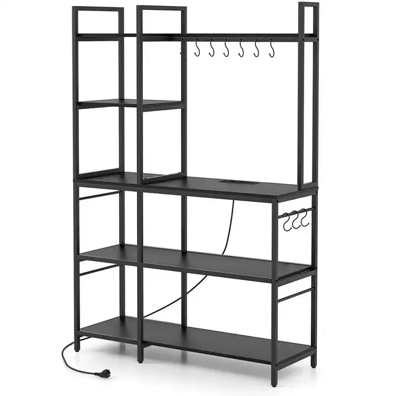 Bakers Rack 5-Tier Coffee Bar Table with 10 S-Shaped Hooks & Power Outlets Rustic Brown/Black