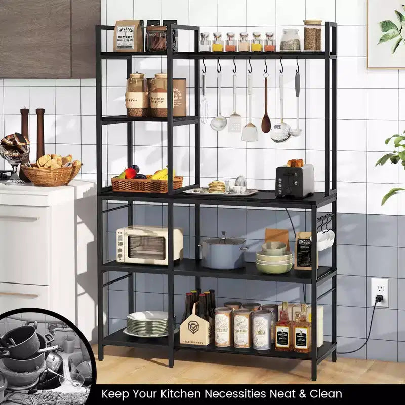 Bakers Rack 5-Tier Coffee Bar Table with 10 S-Shaped Hooks & Power Outlets Rustic Brown/Black