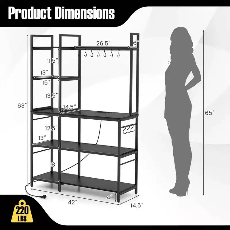Bakers Rack 5-Tier Coffee Bar Table with 10 S-Shaped Hooks & Power Outlets Rustic Brown/Black