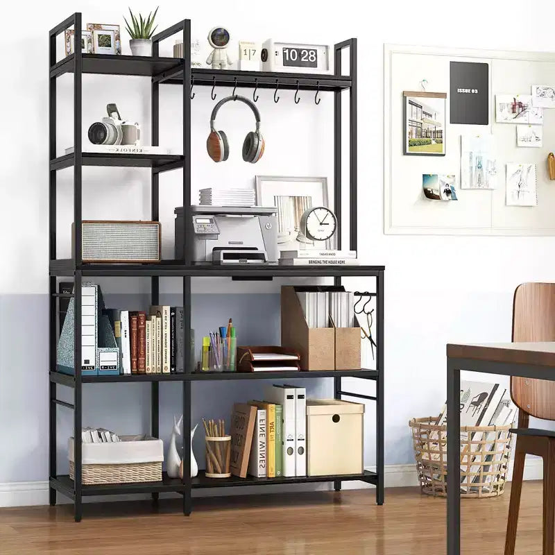 Bakers Rack 5-Tier Coffee Bar Table with 10 S-Shaped Hooks & Power Outlets Rustic Brown/Black