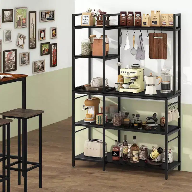 Bakers Rack 5-Tier Coffee Bar Table with 10 S-Shaped Hooks & Power Outlets Rustic Brown/Black