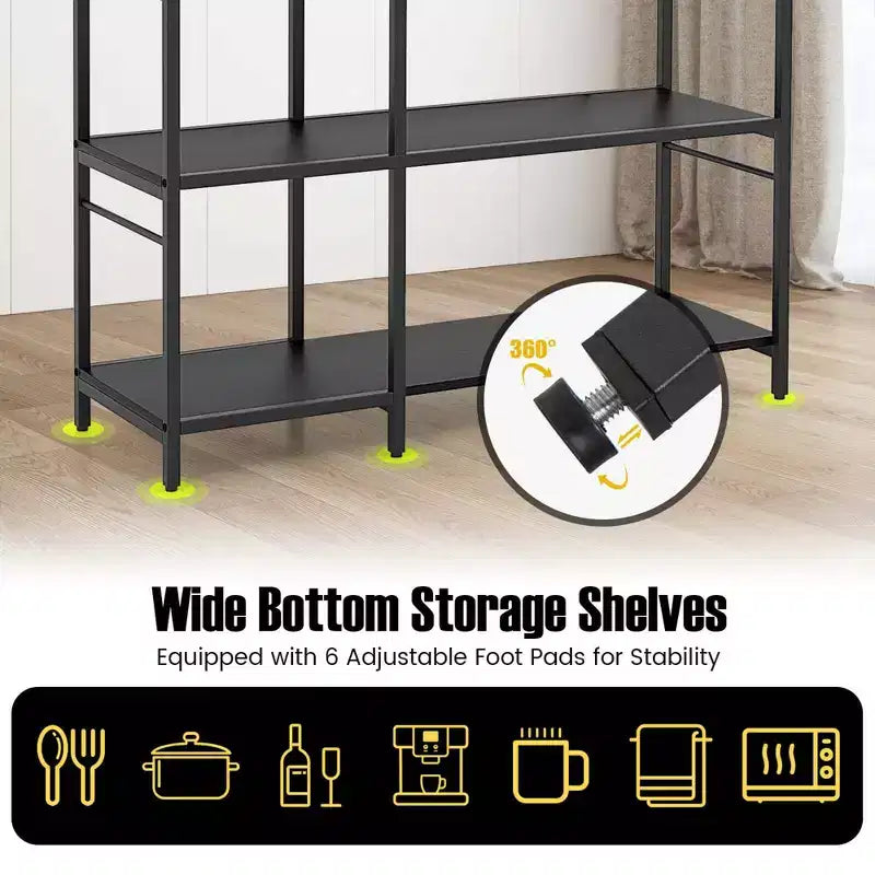 Bakers Rack 5-Tier Coffee Bar Table with 10 S-Shaped Hooks & Power Outlets Rustic Brown/Black
