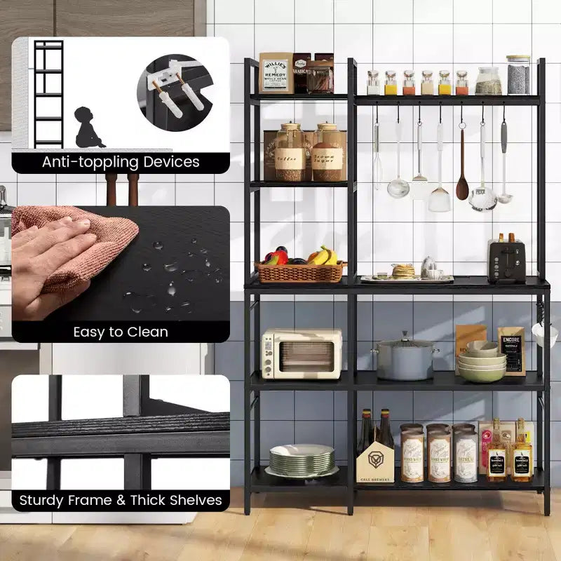 Bakers Rack 5-Tier Coffee Bar Table with 10 S-Shaped Hooks & Power Outlets Rustic Brown/Black
