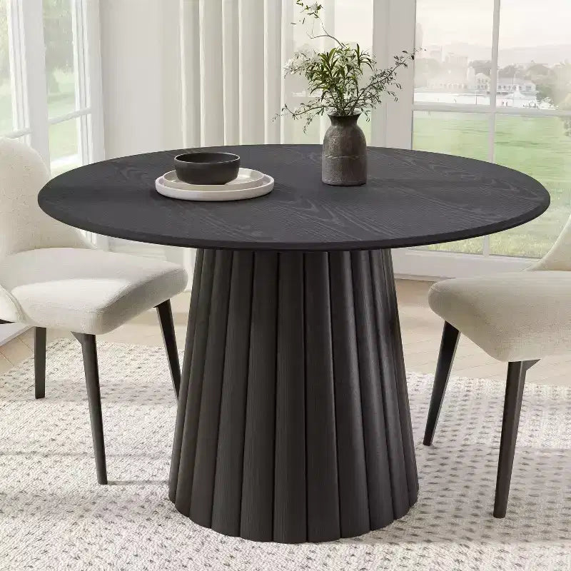 Dovelina Black Wood Round Dining Table Kitchen Tables with Designer Table Base for 6 People