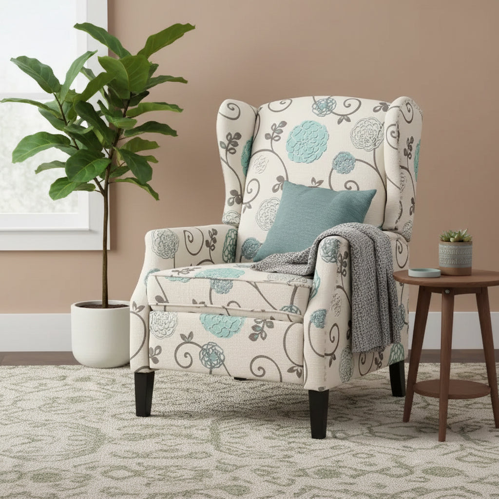 Christopher Knight Home Wescott Contemporary Fabric Wingback Pushback Recliner, Light Beige and Blue Floral