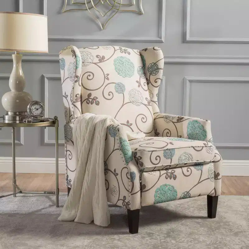 Contemporary Fabric Wingback Pushback Recliner, Light Beige and Blue Floral