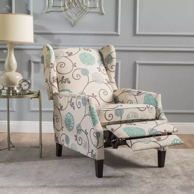Contemporary Fabric Wingback Pushback Recliner, Light Beige and Blue Floral
